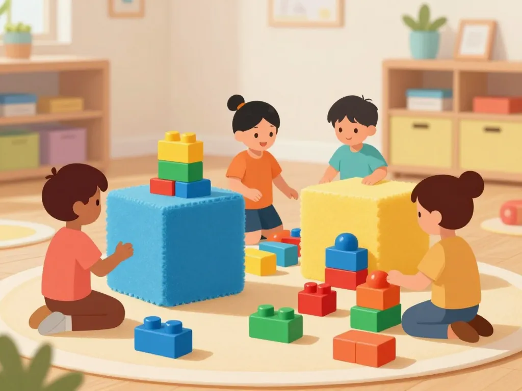 Enfants jouant blocs de construction éducatifs bois plastique