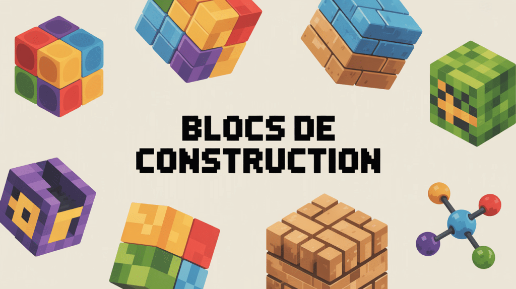 Illustration moderne blocs de construction bois, chantier, virtuels et molécules