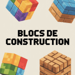 Illustration moderne blocs de construction bois, chantier, virtuels et molécules