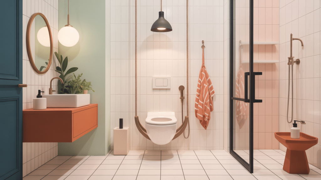 vue salle de bains avec cuvette suspendu wc