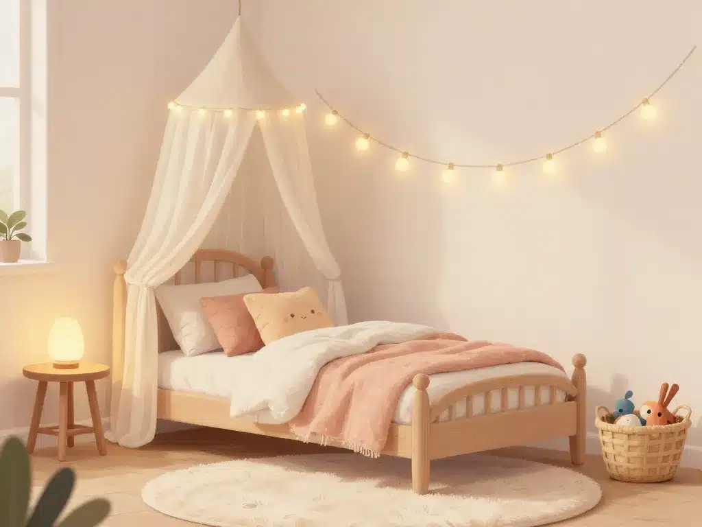 deco lit cabane cosy avec lumières et textiles