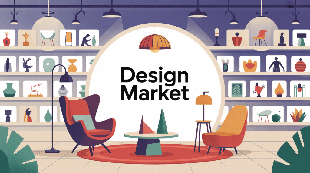 Panorama du design market avec mobilier iconique et galeries digitales