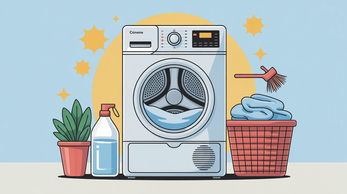 Illustration stylisée nettoyage condenseur sèche-linge pompe à chaleur