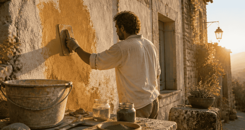 Artisan appliquant chaux aérienne sur mur en pierre