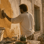 Artisan appliquant chaux aérienne sur mur en pierre