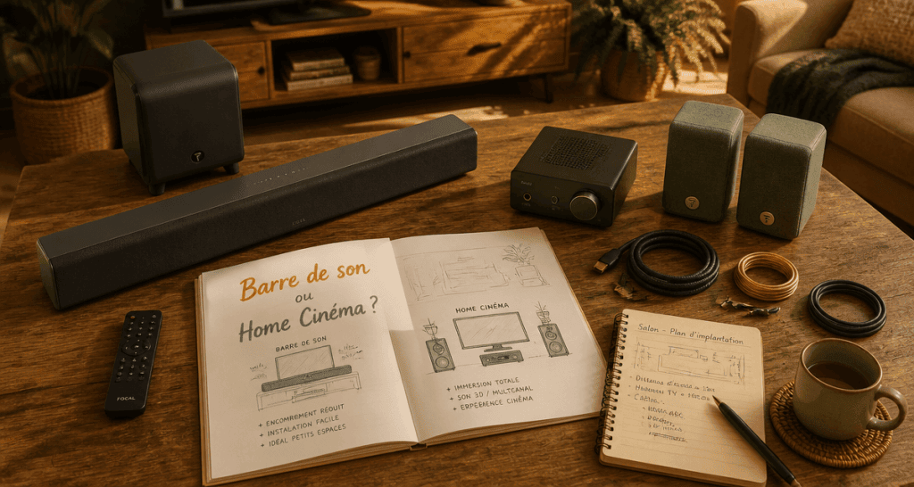 barre de son ou home cinema sur table en bois dans salon moderne