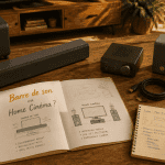 barre de son ou home cinema sur table en bois dans salon moderne
