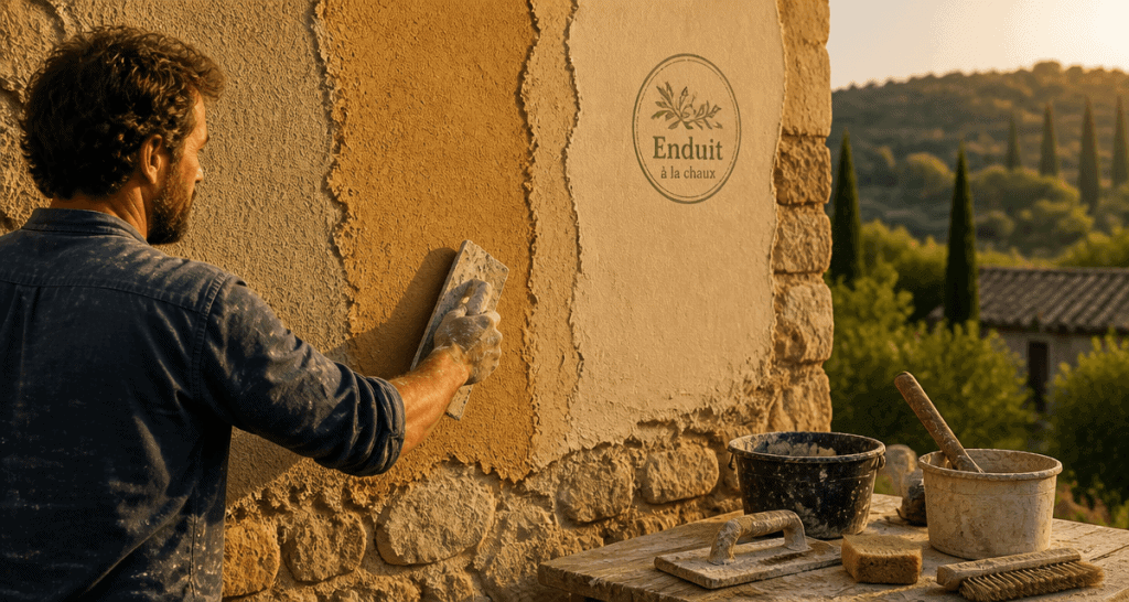 Artisan applique chaux enduit trois couches sur mur