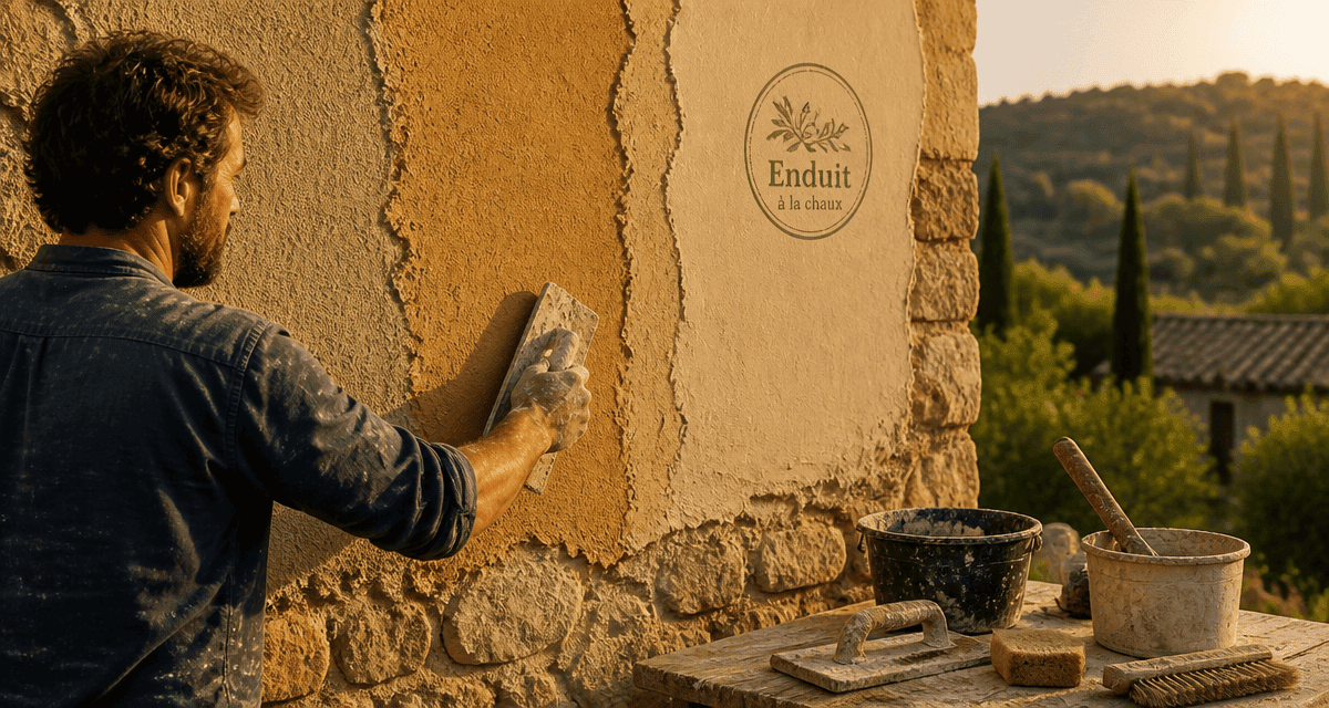 Artisan applique chaux enduit trois couches sur mur