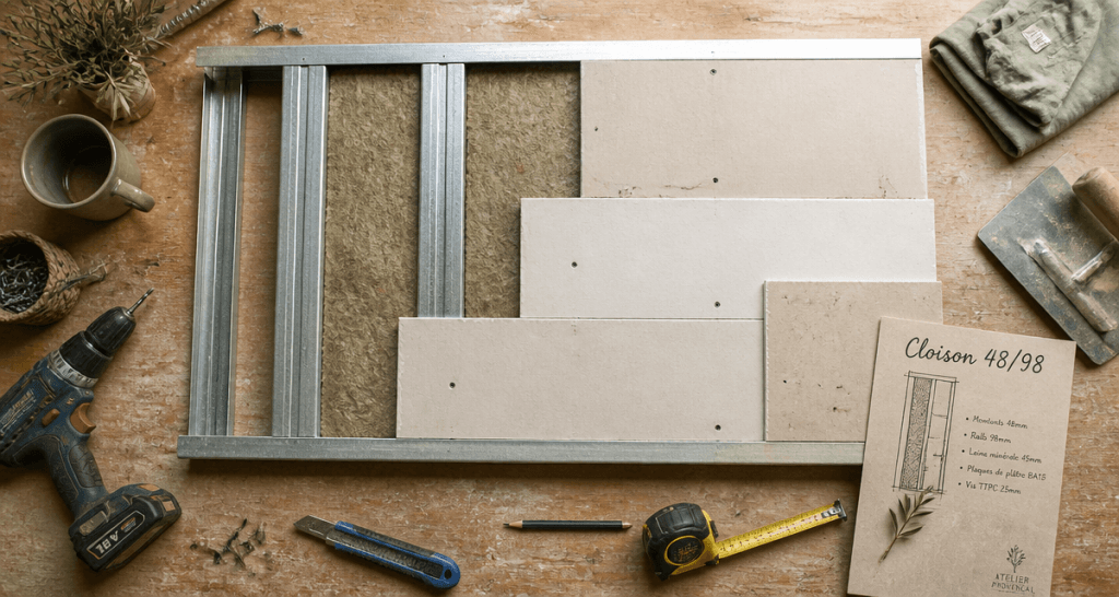 cloison 48/98 en cours de montage sur établi, outils et matériaux