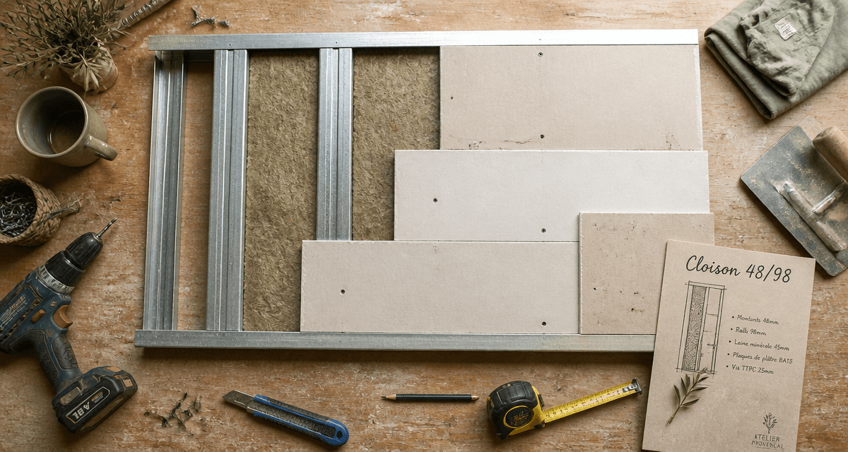 cloison 48/98 en cours de montage sur établi, outils et matériaux