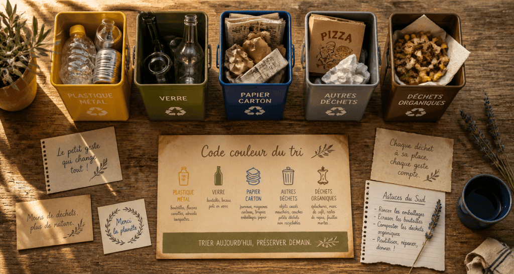 code couleur poubelle tri selectif sur table en bois