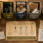 code couleur poubelle tri selectif sur table en bois