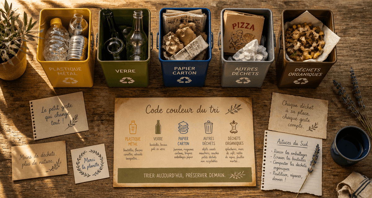 code couleur poubelle tri selectif sur table en bois