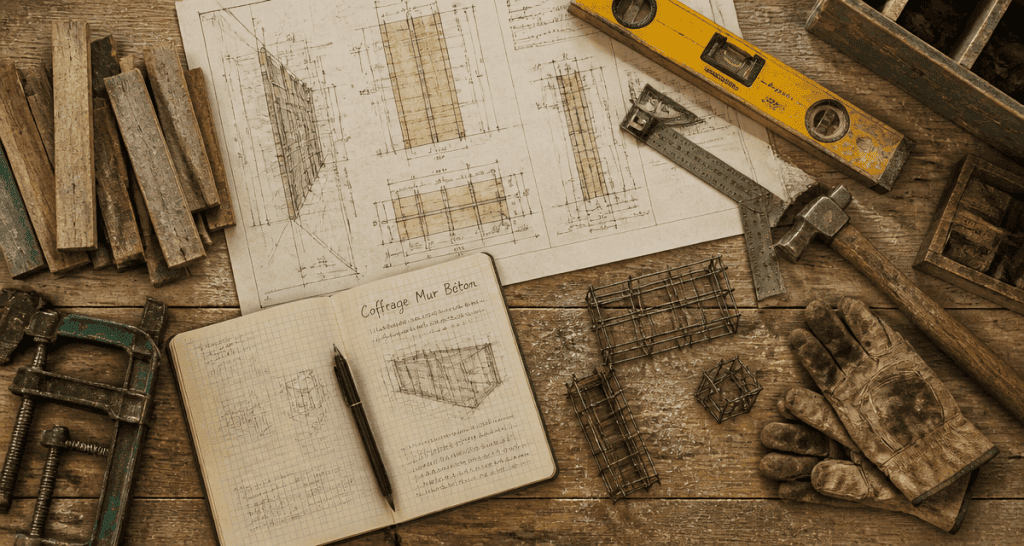 Coffrage mur béton sur établi avec outils