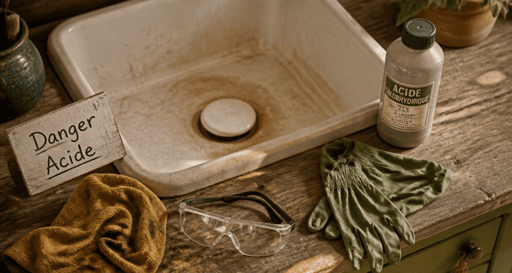 déboucher évier acide chlorhydrique matériel sécurité