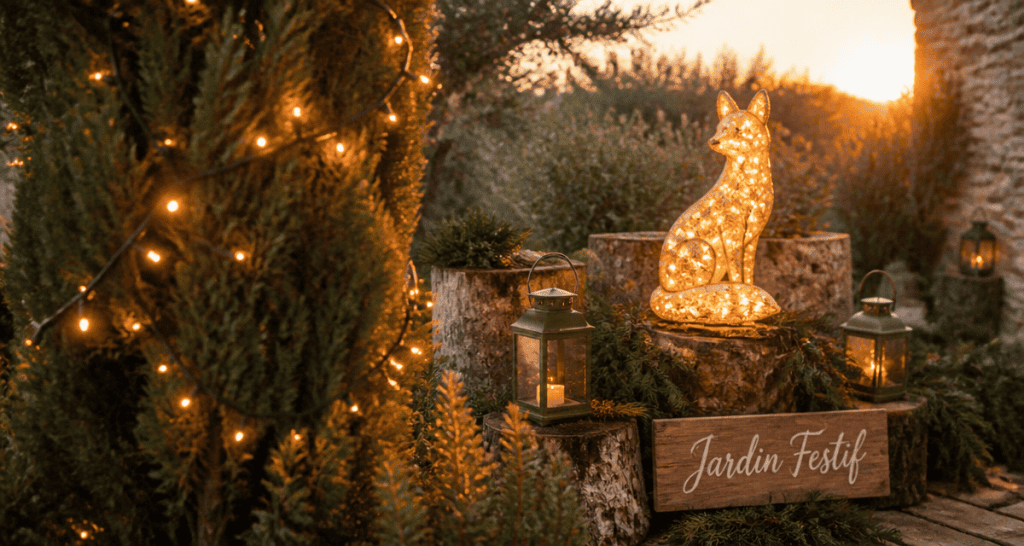 decoration noel exterieur jardin avec guirlandes led et personnage lumineux