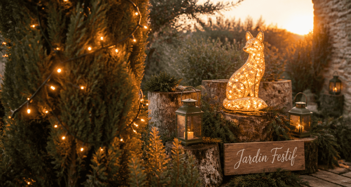 decoration noel exterieur jardin avec guirlandes led et personnage lumineux