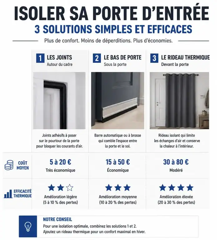 Infographie des solutions pour isoler une porte d'entrée contre le froid et le bruit