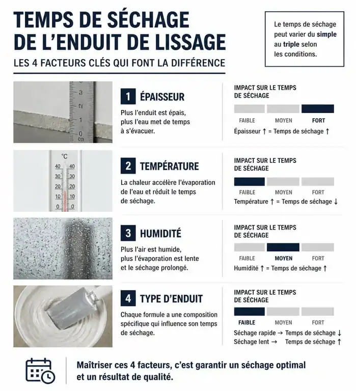 Infographie sur les facteurs influençant le temps de séchage de l'enduit de lissage avant ponçage