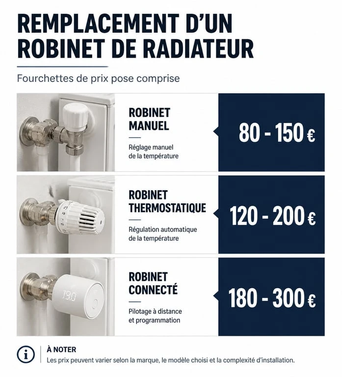 Infographie des prix moyens pour le changement d'un robinet de radiateur par un plombier professionnel