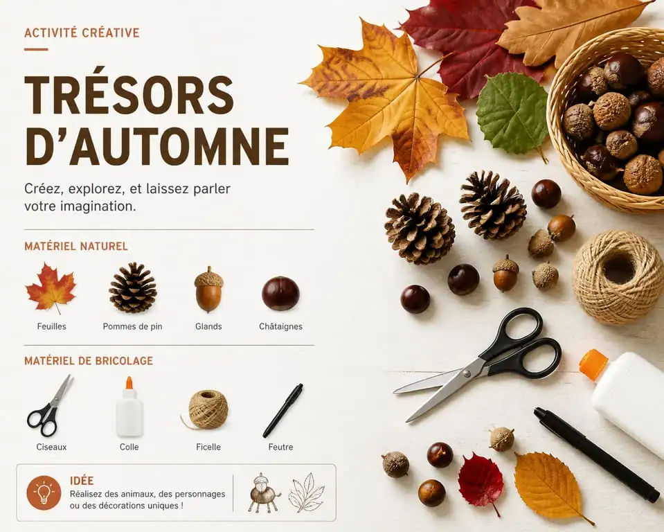 Matériel pour bricolage d'automne en maternelle : feuilles, pommes de pin et marrons