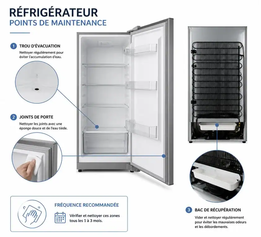 Schéma des points d'entretien pour éviter l'eau dans le frigo : goulotte, joints et bac arrière