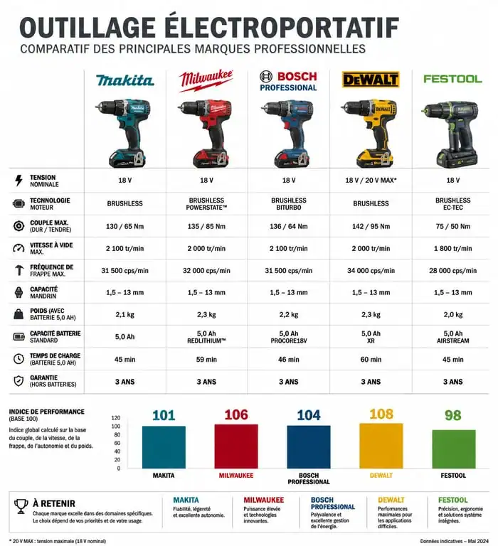 Infographie comparative des marques d'outillage portatif professionnel