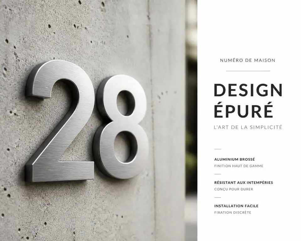 Numéro de maison design en aluminium brossé sur façade moderne
