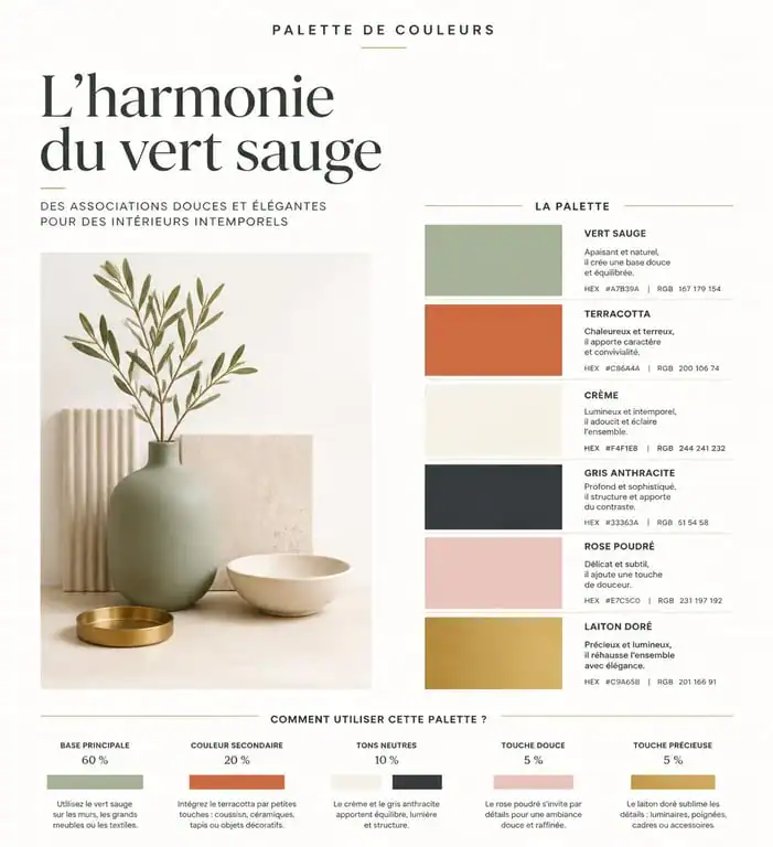 Infographie des associations de couleurs pour une décoration murale vert sauge