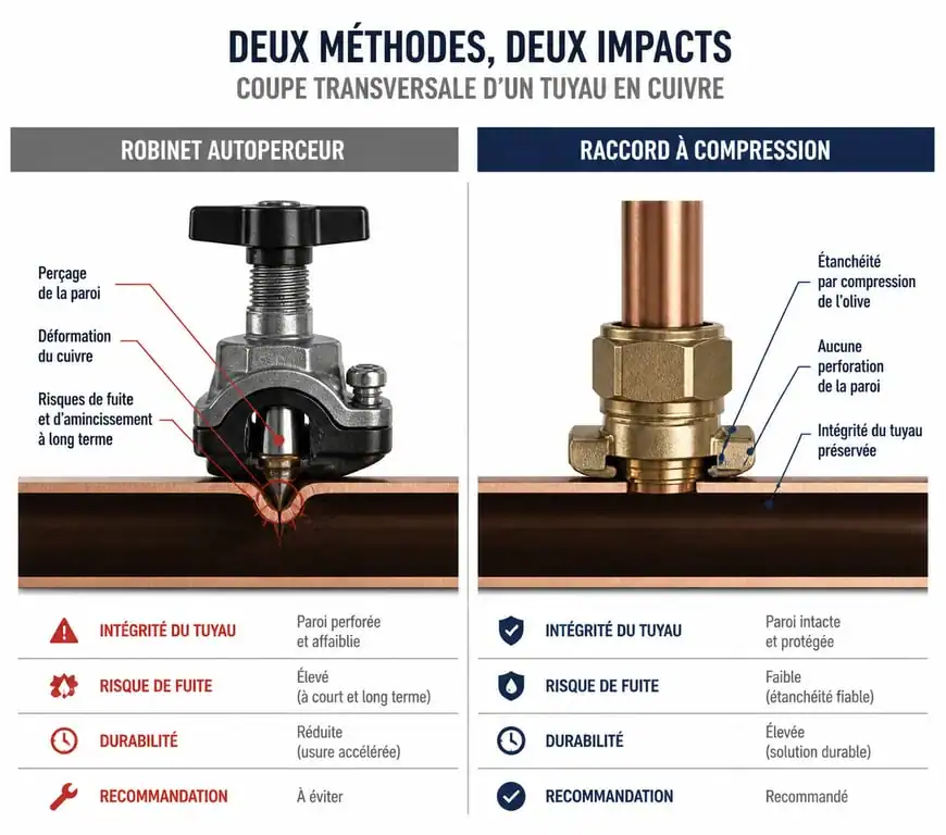 Comparaison technique entre un robinet autoperceur risqué et un raccord à compression conforme sur tuyau cuivre