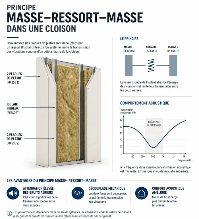 Schéma explicatif du principe masse-ressort-masse pour une isolation phonique efficace