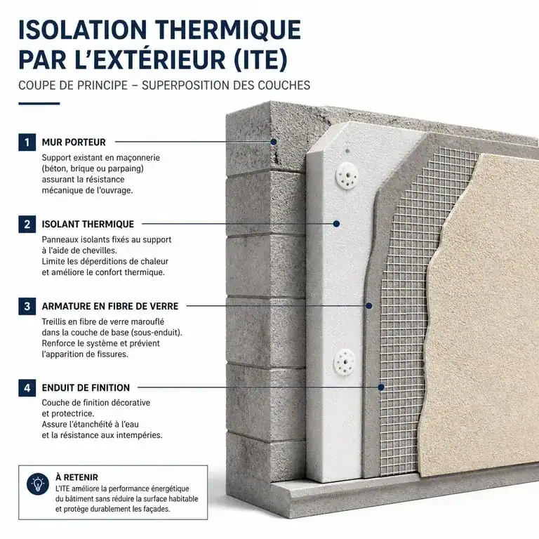 Schéma technique des couches d'une isolation thermique par l'extérieur (ITE) lors d'un ravalement de façade