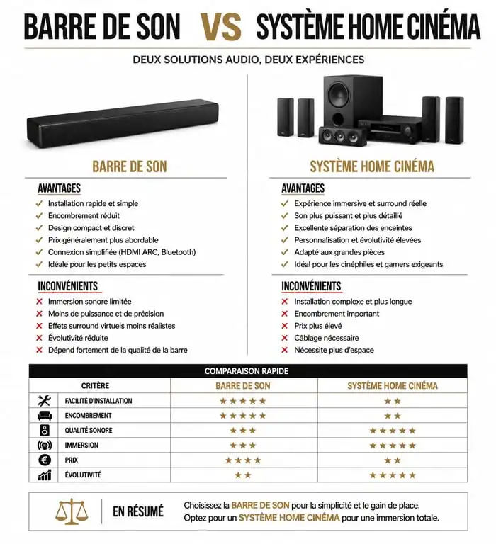 Comparatif barre de son ou home cinema : avantages et inconvénients pour choisir son équipement audio