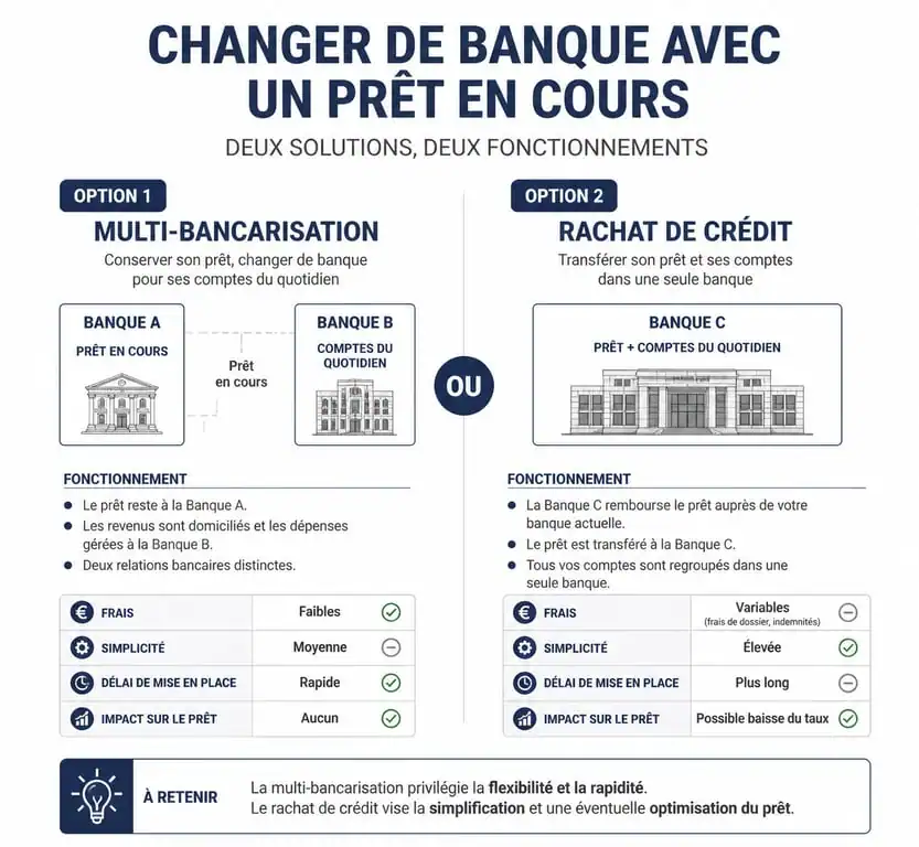 Infographie comparant la multi-bancarisation et le rachat de crédit pour changer de banque avec un prêt en cours