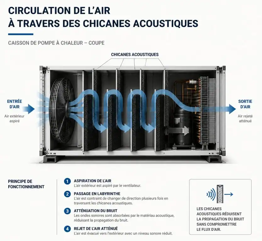 Schéma de fonctionnement d'un caisson anti-bruit pour pompe à chaleur avec système de chicanes pour la ventilation