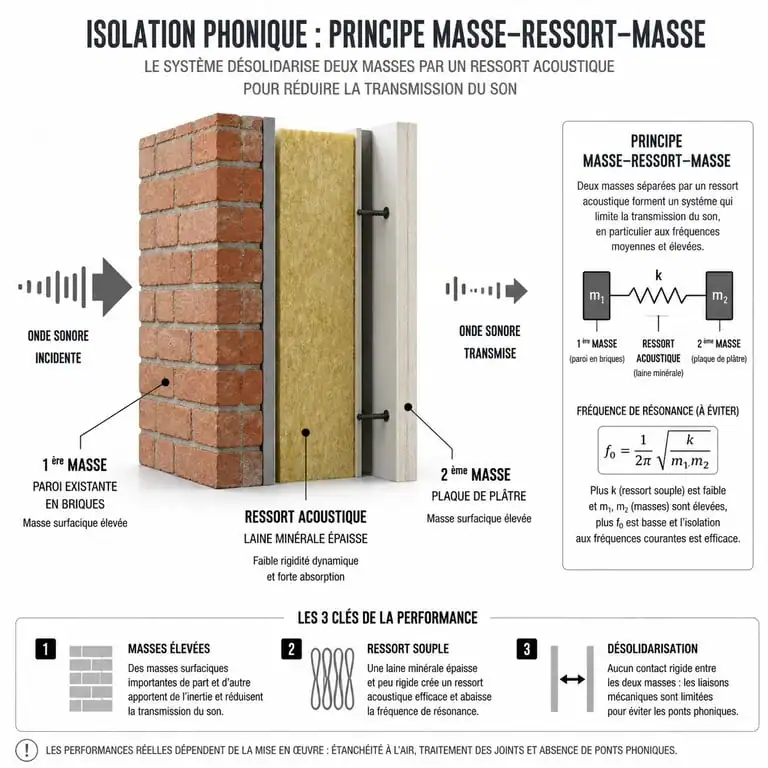 Schéma du principe masse-ressort-masse pour isoler phoniquement un mur mitoyen