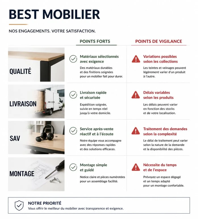 Infographie récapitulative des avis clients sur Best Mobilier : qualité, livraison et service après-vente