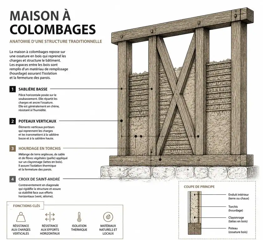 Schéma technique d'une structure de maison à colombages