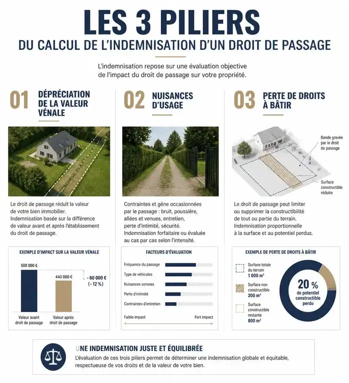 Infographie sur le calcul de l'indemnisation pour un droit de passage immobilier