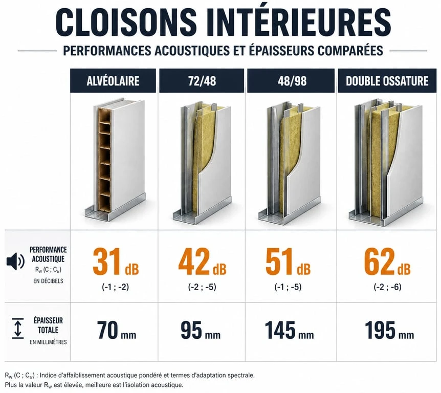 Comparatif des performances acoustiques et épaisseurs des cloisons, incluant la cloison 48/98 pour vos travaux de rénovation.