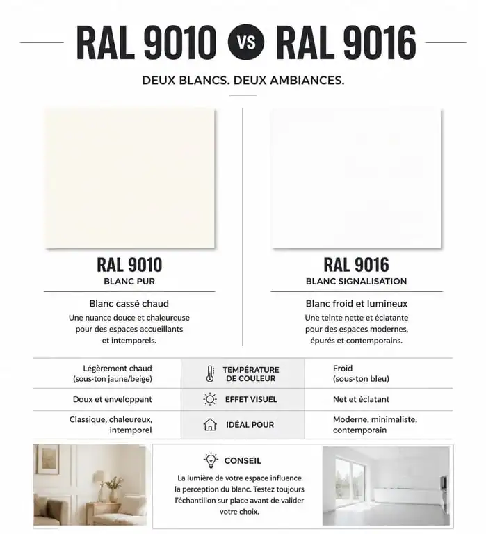 Comparaison visuelle des teintes de blanc RAL 9010 et RAL 9016 pour la peinture intérieure