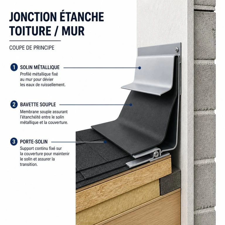 Schéma technique de l'étanchéité d'un toit contre un mur