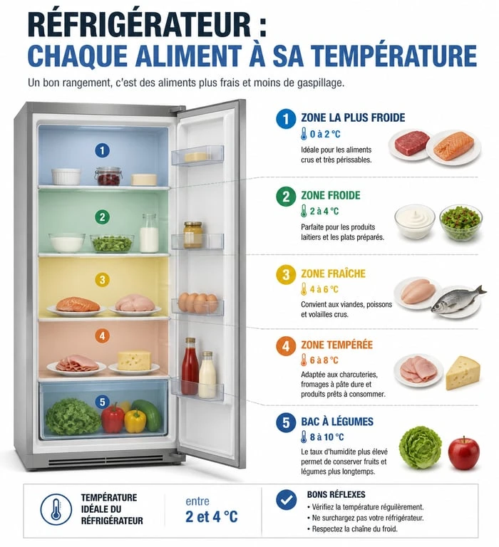 Infographie des zones de température pour bien ranger son frigo et optimiser la conservation des aliments