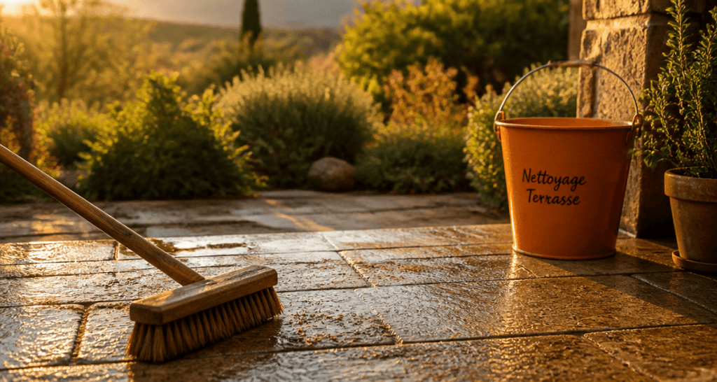 nettoyage dalle terrasse javel balai brosse sur dalle béton