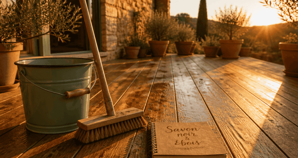 nettoyage terrasse bois savon noir seau balai