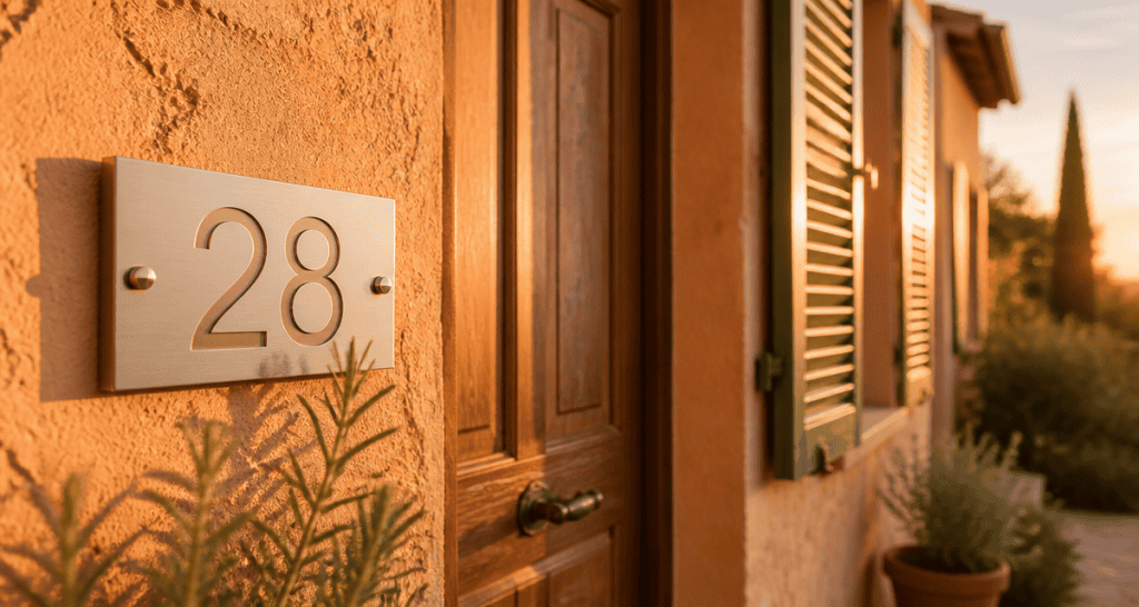 numero de maison design aluminium sur mur ocre