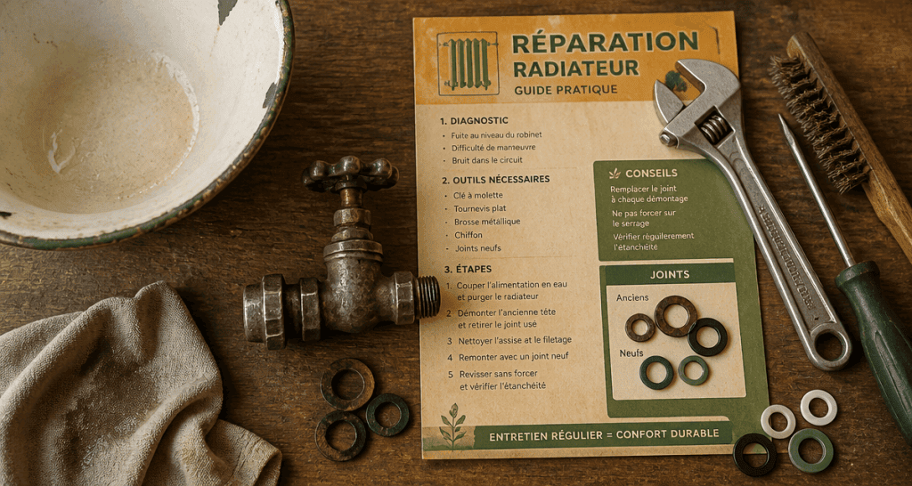 robinet radiateur fuite sur établi avec outils