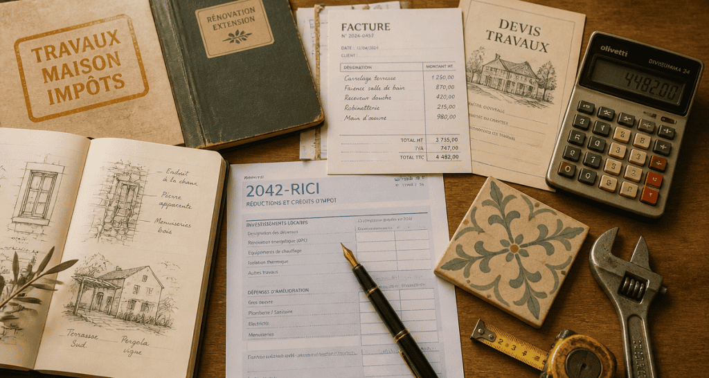Travaux maison impots sur bureau avec outils et factures