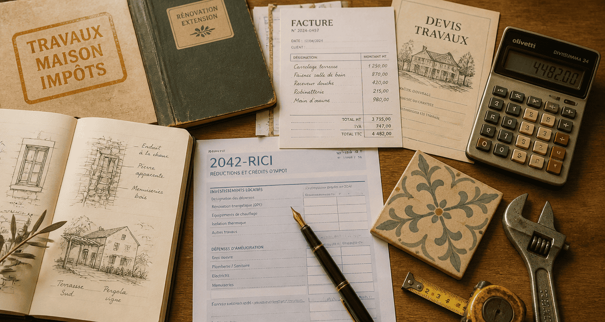 Travaux maison impots sur bureau avec outils et factures